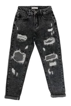 Mom High-Waist Jeans Zerstörte Weite Hose Risse Boyfriend Pants In Dunkelgrau